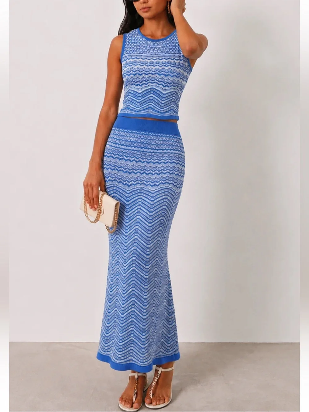 Commense Chevron Knit Sleeveless Top & Maxi Skirt Set Size Medium NWT